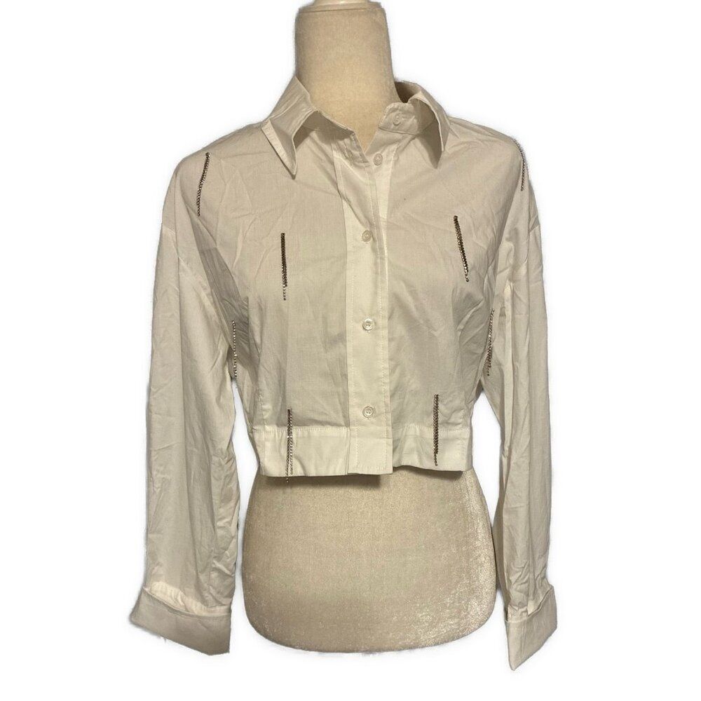 zarina style white long sleeve crop button down silver fringe 42 Medium